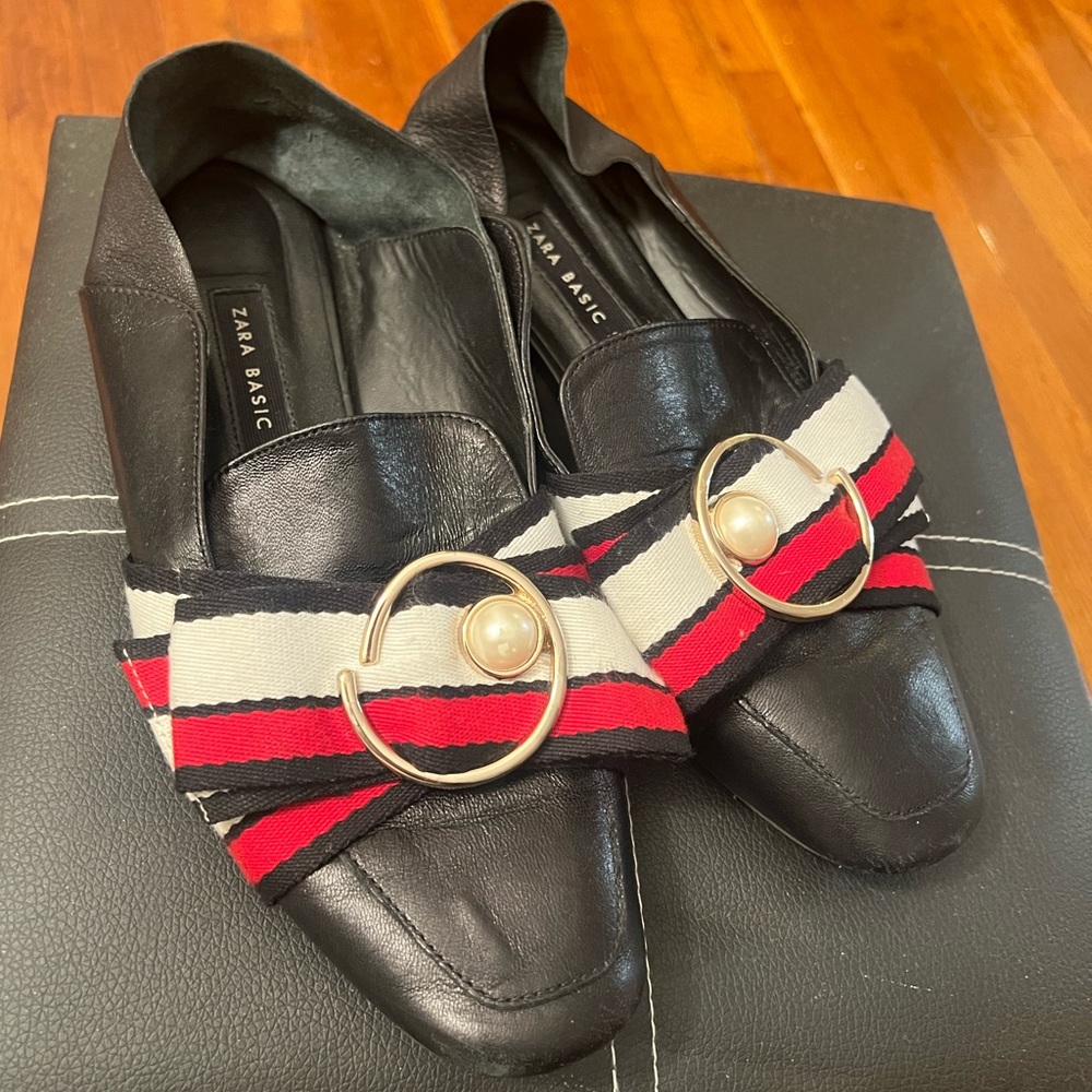 Zara black leather loafers/mules.
